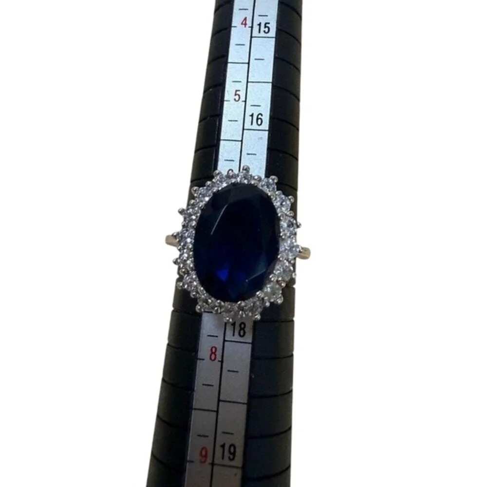 Blue Cocktail Ring Silver Tone Halo Statement Ring Prom Wedding Glam
